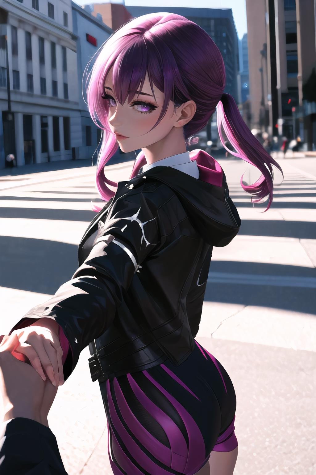 Highly detailed, High Quality, Masterpiece, beautiful, 1girl, IncrsHoldingHandsPov, holding hands, pov hands, <lora:HoldingHandsPov:1>, Kafka, purple eyes, jacket, <lora:Char_HonkaiStarRail_Kafka:0.8>, from behind, from side, 