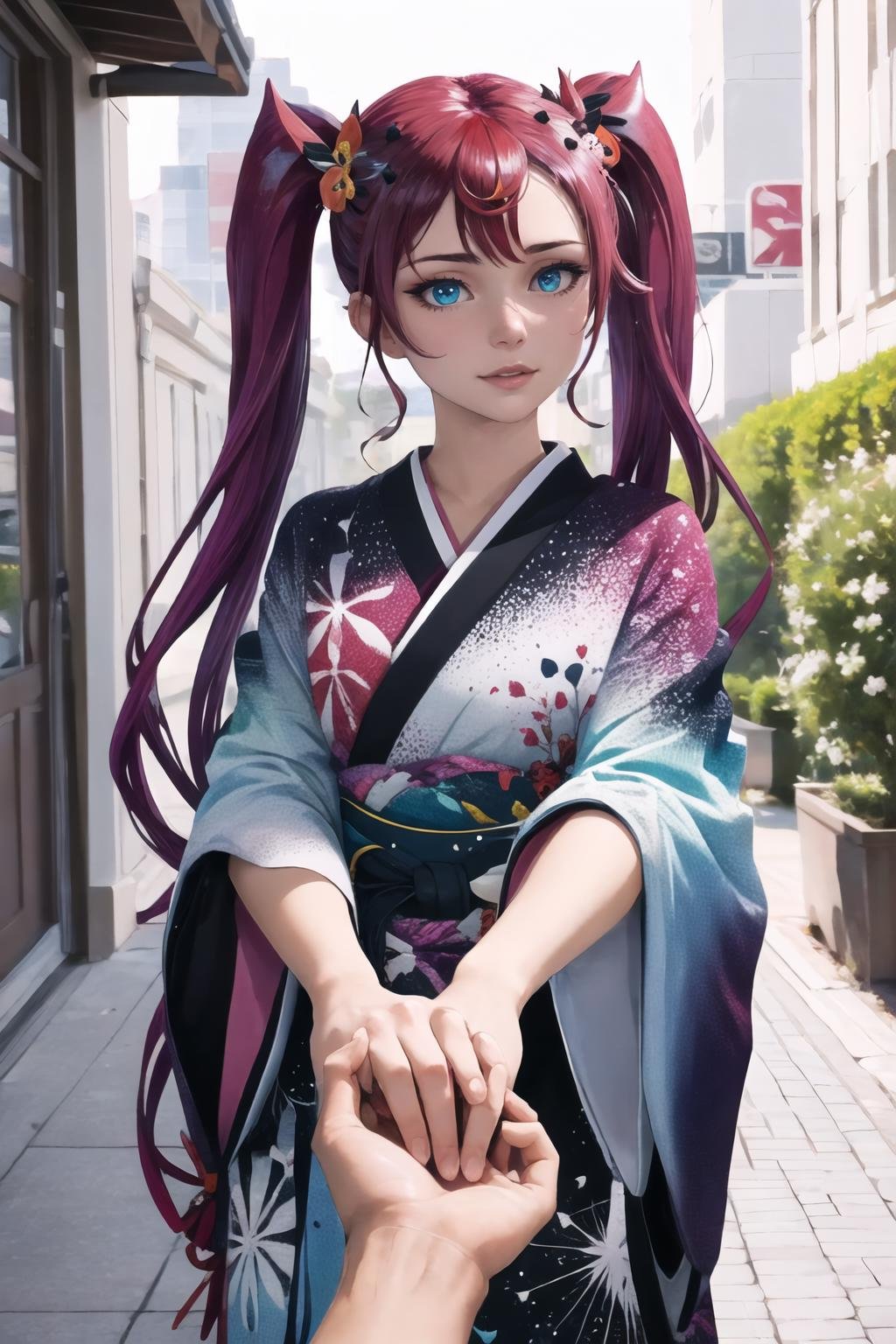 Highly detailed, High Quality, Masterpiece, beautiful, 1girl, IncrsHoldingHandsPov, holding hands, pov hands, <lora:HoldingHandsPov:1>, IrysHolo, heterochromia, long hair, twintails, hair ornament, hair flower, wide sleeves, print kimono, obi, <lora:Char_VTuber_IRys:0.9>