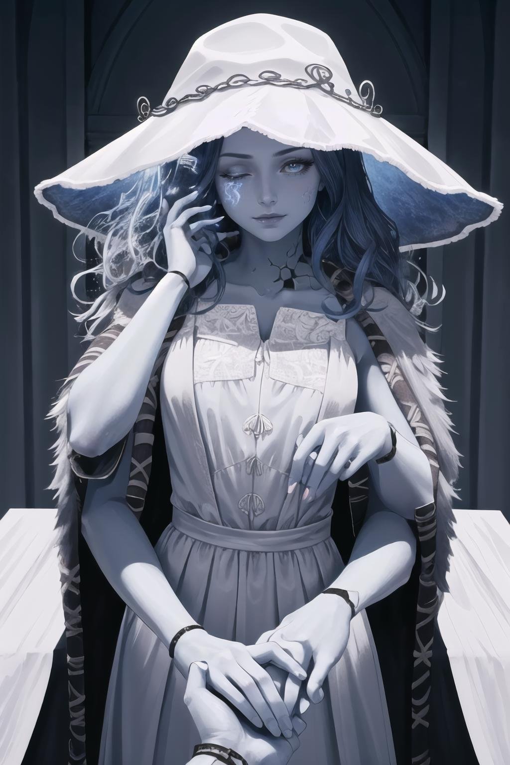 Highly detailed, High Quality, Masterpiece, beautiful, 1girl, IncrsHoldingHandsPov, holding hands, pov hands, <lora:HoldingHandsPov:1>, Ranni, wavy hair, blue skin, cracked skin, extra arms, extra faces, white dress, hat, cloak, <lora:Char_EldenRing_Ranni:0.9>