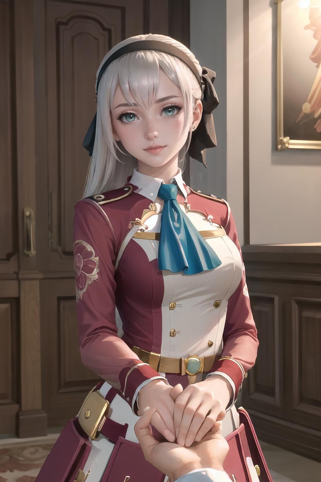 Highly detailed, High Quality, Masterpiece, beautiful, 1girl, IncrsHoldingHandsPov, <lora:HoldingHandsPov:1>, elie macdowell, (green eyes:1.3), hairband, blue ascot, hair ribbon, long sleeves, <lora:Char_Meme_ElieMacDowell:0.8>