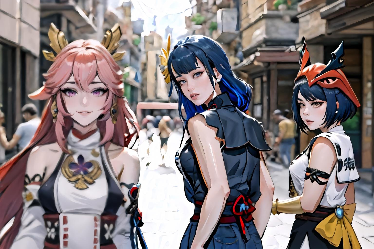 Highly detailed, High Quality, Masterpiece, beautiful, IncrsDistractedBoyfriendMeme, <lora:DistractedBoyfriendMeme-10:0.3>, BREAK yae miko, pink eyes, long hair, pink hair, animal ears, <lora:Char_GenshinImpact_YaeMiko:0.85>, BREAK Raiden_Shogun_\(genshin impact\), Raiden_Shogun:1.2, blue hair, long hair, <lora:Char_GenshinImpact_RaidenShogun:0.8>,BREAK, kujou_sara\(Genshin Impact\), kujou sara, mask,  bangs, mask on head, black hair, blue hair, yellow eyes, short hair, <lora:Char_GenshinImpact_KujouSara:0.5>