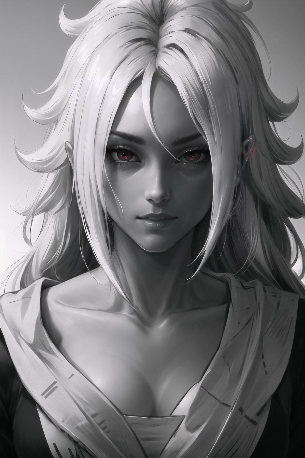 Highly detailed, High Quality, Masterpiece, beautiful, <lora:GigaChad_in_Front:0.85>, IncursioGigaFront, monochrome, greyscale, portrait, straight-on, ma21, black sclera, <lora:Char_DragonBall_Android21:0.9>