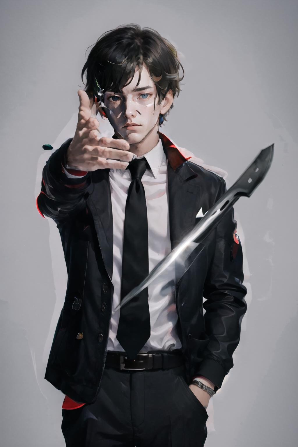 Highly detailed, High Quality, Masterpiece, beautiful, <lora:EminemThrowingAFatRatMeme:1>, IncursioThrowingAFatRat, knife, 1boy, justtnp, heterochromia, formal, black jacket, black necktie, black pants, <lora:Char_OC_JustTNP:0.75>