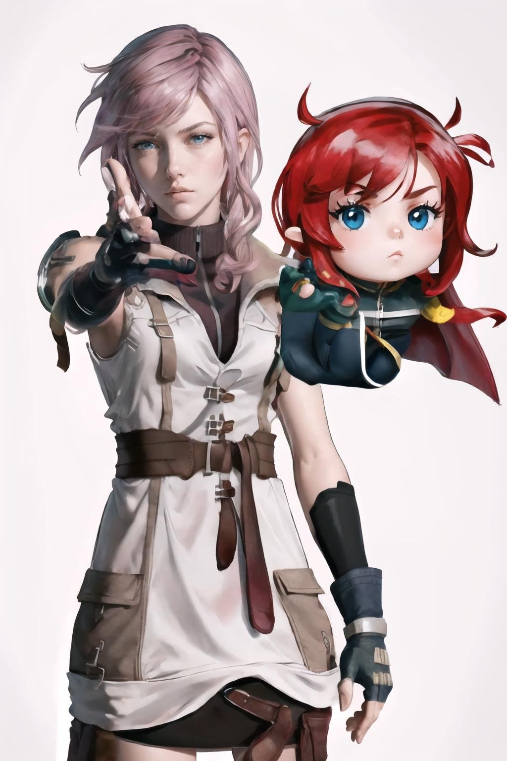 Highly detailed, High Quality, Masterpiece, beautiful, <lora:EminemThrowingAFatRatMeme:1>, IncursioThrowingAFatRat, chibi, 1girl, lightning farron, sleeveless, shoulder armor, cape, skirt, fingerless gloves, <lora:Char_FF8_Lightning:1>