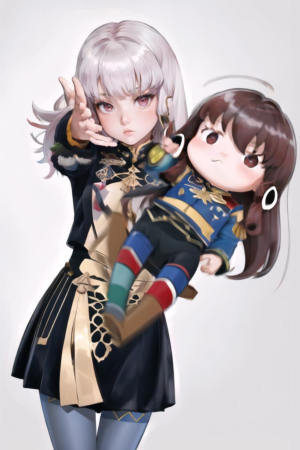 Highly detailed, High Quality, Masterpiece, beautiful, <lora:EminemThrowingAFatRatMeme:1>, IncursioThrowingAFatRat, chibi, 1girl,, lysitheauniform, uniform, long sleeves, blue pantyhose, <lora:Char_FireEmblem_Lysithea:1>