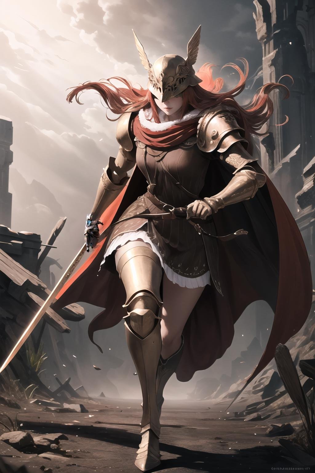 Highly detailed, High Quality, Masterpiece, beautiful, 1girl, solo, Malenia,  <lora:Malenia:1>, armor, cape, helmet, brown dress, sword, full body, running