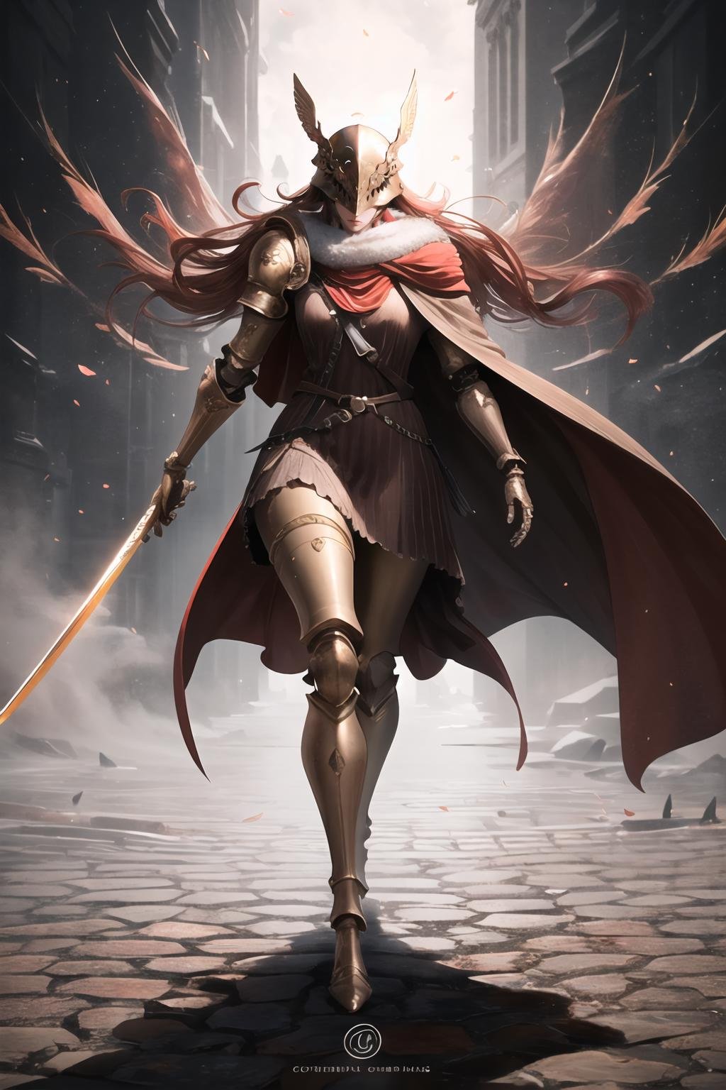 Highly detailed, High Quality, Masterpiece, beautiful, 1girl, solo, Malenia,  <lora:Malenia:1>, armor, red cape, helmet, brown dress, sword, prothestic leg, single mechanical arm, prosthesis, full body, 