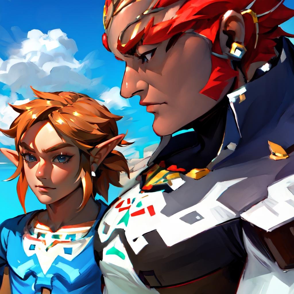 Highly detailed, High Quality, Masterpiece, beautiful, IncursioPecEnvy, <lora:IncursioPecEnvy:0.8>, multiple boys, BREAK, link, he legend of zelda, the legend of zelda: breath of the wild, blue tunic, <lora:Char_Zelda_Link:1>BREAK, Ganondorf, Ganon, <lora:Char_Zelda_Ganondorf:1>