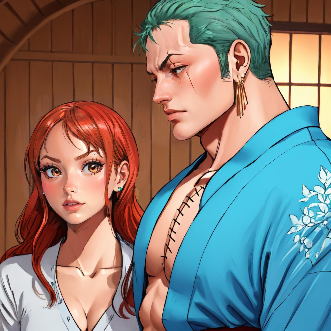 Highly detailed, High Quality, Masterpiece, beautiful, IncursioPecEnvy, <lora:IncursioPecEnvy:0.6>BREAK, nami \(one piece\), one piece, <lora:Char_OnePeace_Nami:1>, 1girl, orange eyes, BREAK, roronoa zoro, muscular male, scar, scar across eye, japanese clothes, green kimono, green hair, <lora:Char_OnePeace_Zoro:1>, 1boy,