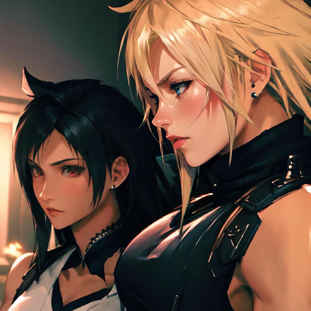 Highly detailed, High Quality, Masterpiece, beautiful, IncursioPecEnvy, <lora:IncursioPecEnvy:0.8>, multiple girls, BREAK tifa lockhart, red_eyes, black hair, long hair, <lora:Char_FF7Remake_Tifa:0.75>BREAK cloud strife, shoulder armor, sleeveless turtleneck, <lora:Char_FF7Remake_CloudStrife:0.9>