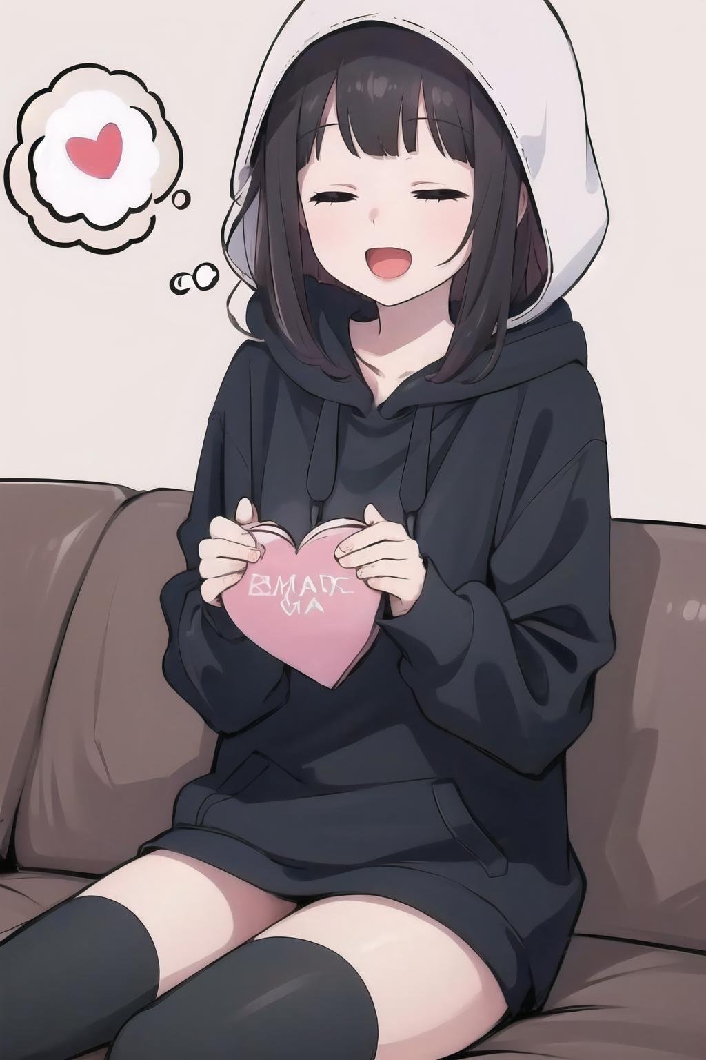 Highly detailed, High Quality, Masterpiece, beautiful, 1girl, Menherachan, <lora:Menherachan:1>, black hoodie, hood up, black thighhighs, spoken heart, closed eyes, happy, 