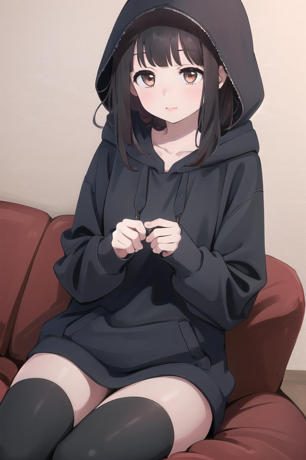 Highly detailed, High Quality, Masterpiece, beautiful, 1girl, Menherachan, <lora:Menherachan:1>, black hoodie, hood up, black thighhighs, 