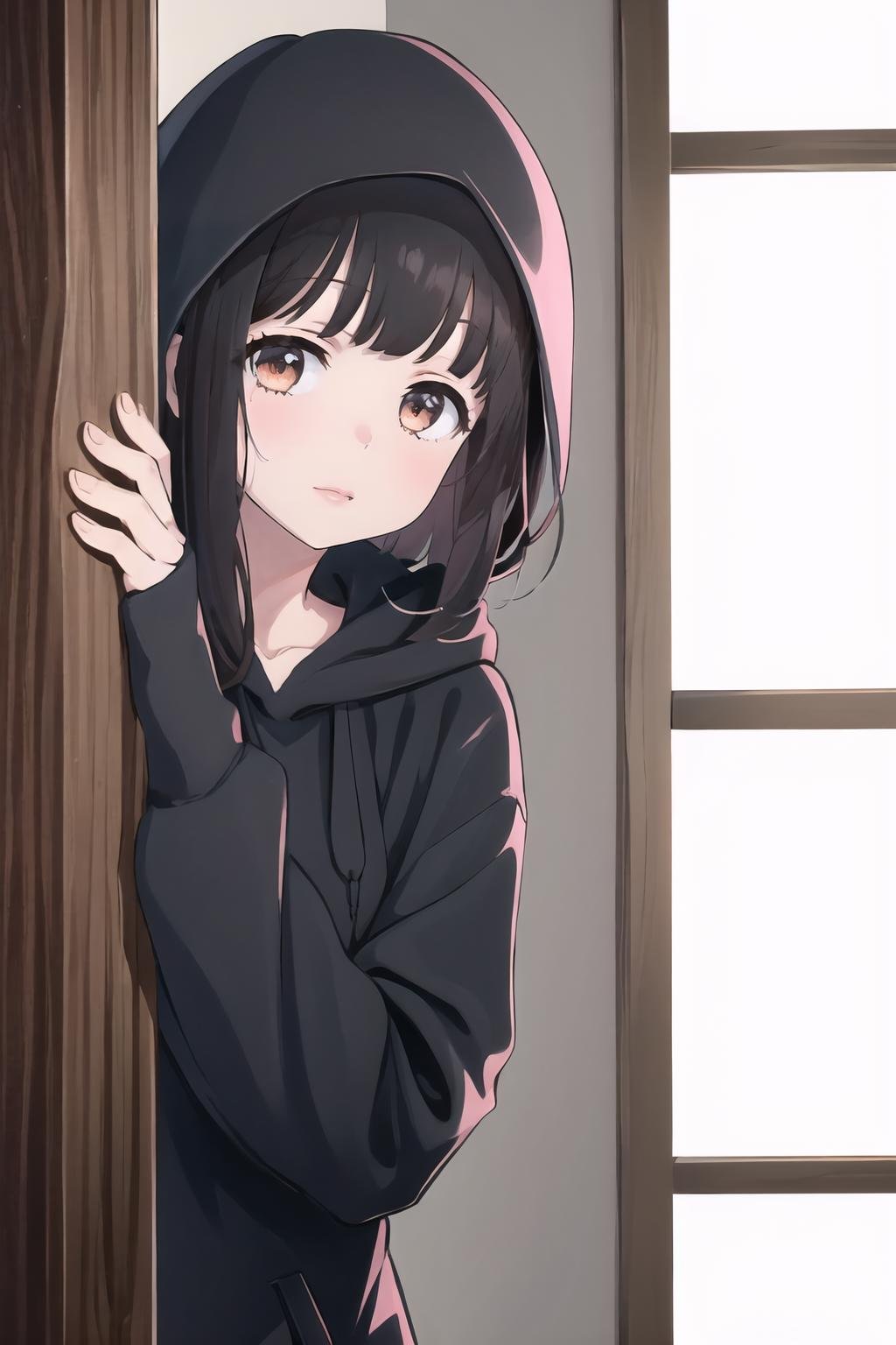 Highly detailed, High Quality, Masterpiece, beautiful, 1girl, Menherachan, <lora:Menherachan:1>, black hoodie, hood up, peeking out upper body, <lora:Pos_PeekingOut:1.3>