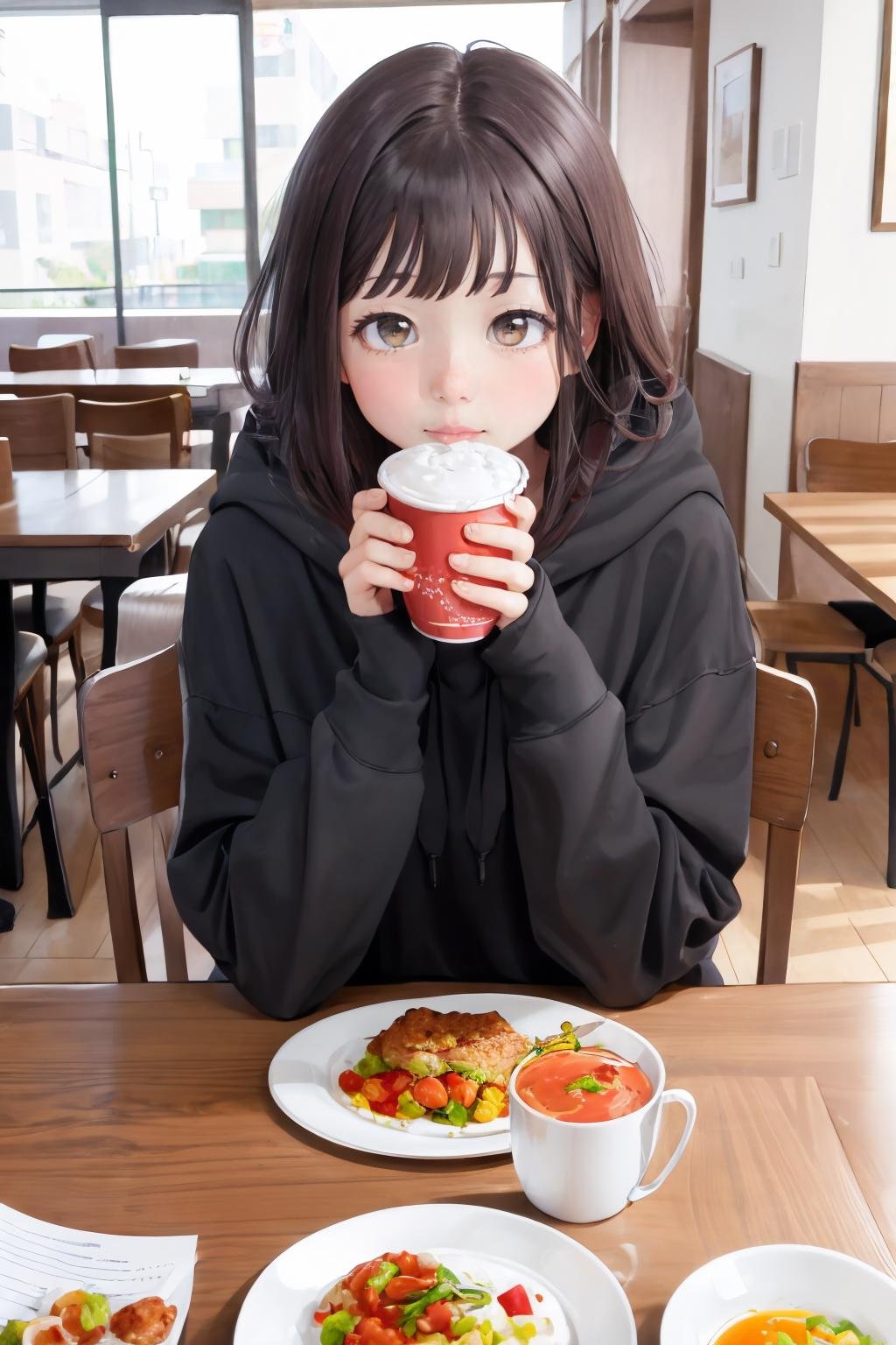 Highly detailed, High Quality, Masterpiece, beautiful, 1girl, Menherachan, <lora:Menherachan:1>, black hoodie, hood down, food, simple background, elbows on table, cup, blurry background, indoors, upper body, <lora:Pos_AcrossTable:1>