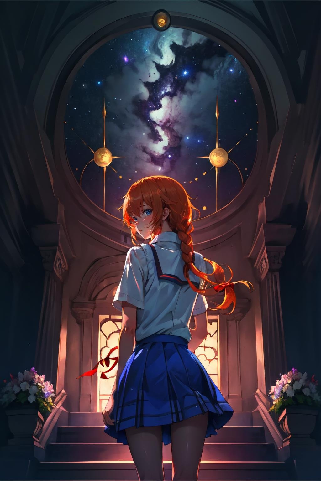 Highly detailed, High Quality, Masterpiece, beautiful,  <lora:FallenMJStyle:1>, ghostdom, night, backlight, flowers:0.5, stairs, from behind, look at viewer, (milky way), (dark environment), (leo zodiac sign), YamaiYuzuru, school uniform, red ribbon, blue skirt, white shirt, sweater vest, <lora:YamaiYuzuru:0.8>