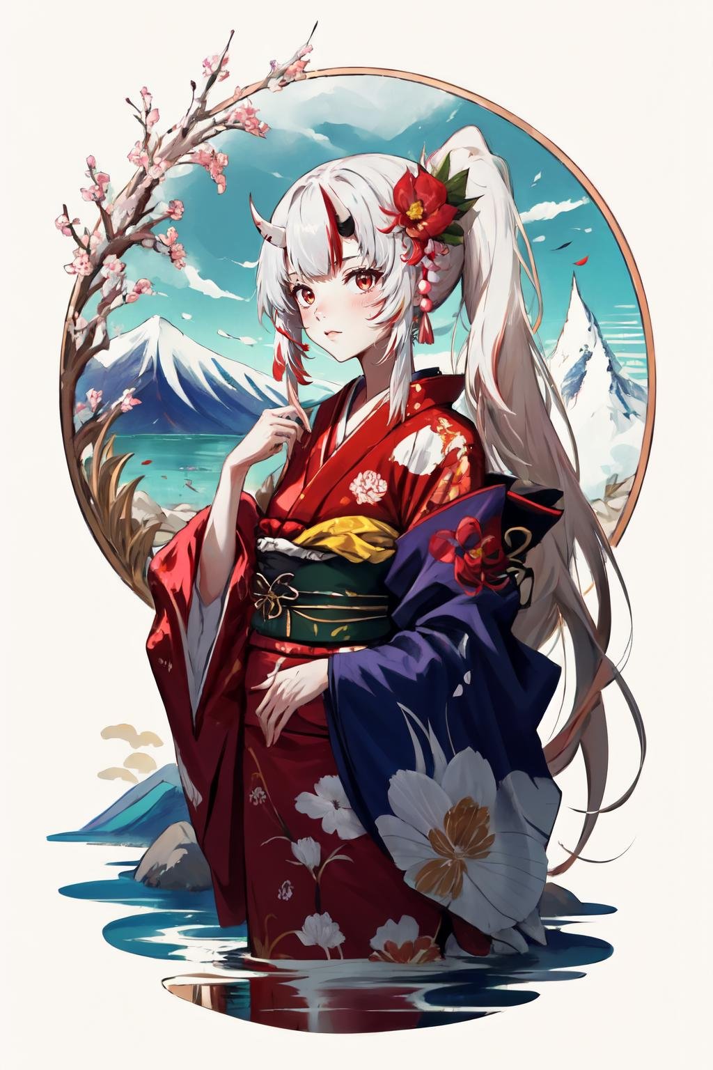 Highly detailed, High Quality, Masterpiece, beautiful,  <lora:FallenMJStyle:1>, Nakiri Ayame, long hair, side ponytail, AyameNewYears, red kimono, floral print, hair flower, sash, wide sleeves, <lora:Char_VTuber_NakiriAyame:0.85>, white background, scenery, ink, mountains, water, trees