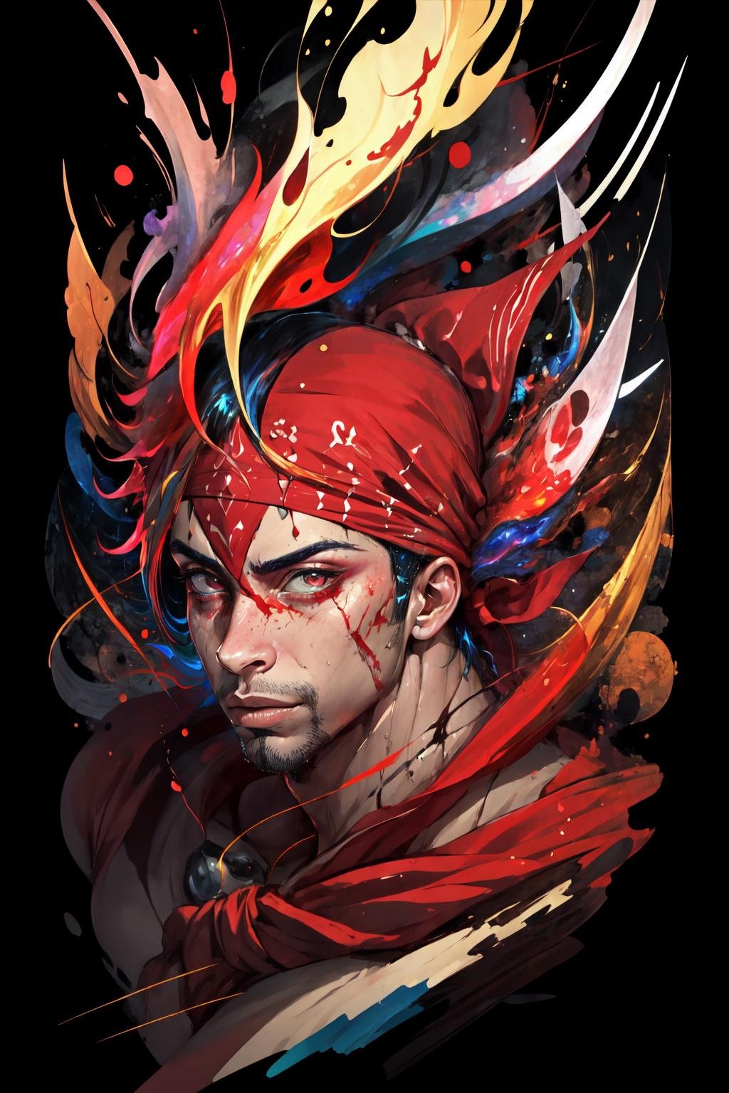 Highly detailed, High Quality, Masterpiece, beautiful,  <lora:FallenMJStyle:1>, Ricardo, red bandana on the head, <lora:Char_Sigmas_RicardoMilos:0.9>, Merge colors together in a dynamic fusion, with overlapping layers, blending techniques, and spontaneous gestures that create a visually rich and harmoniously chaotic composition, 1boy,