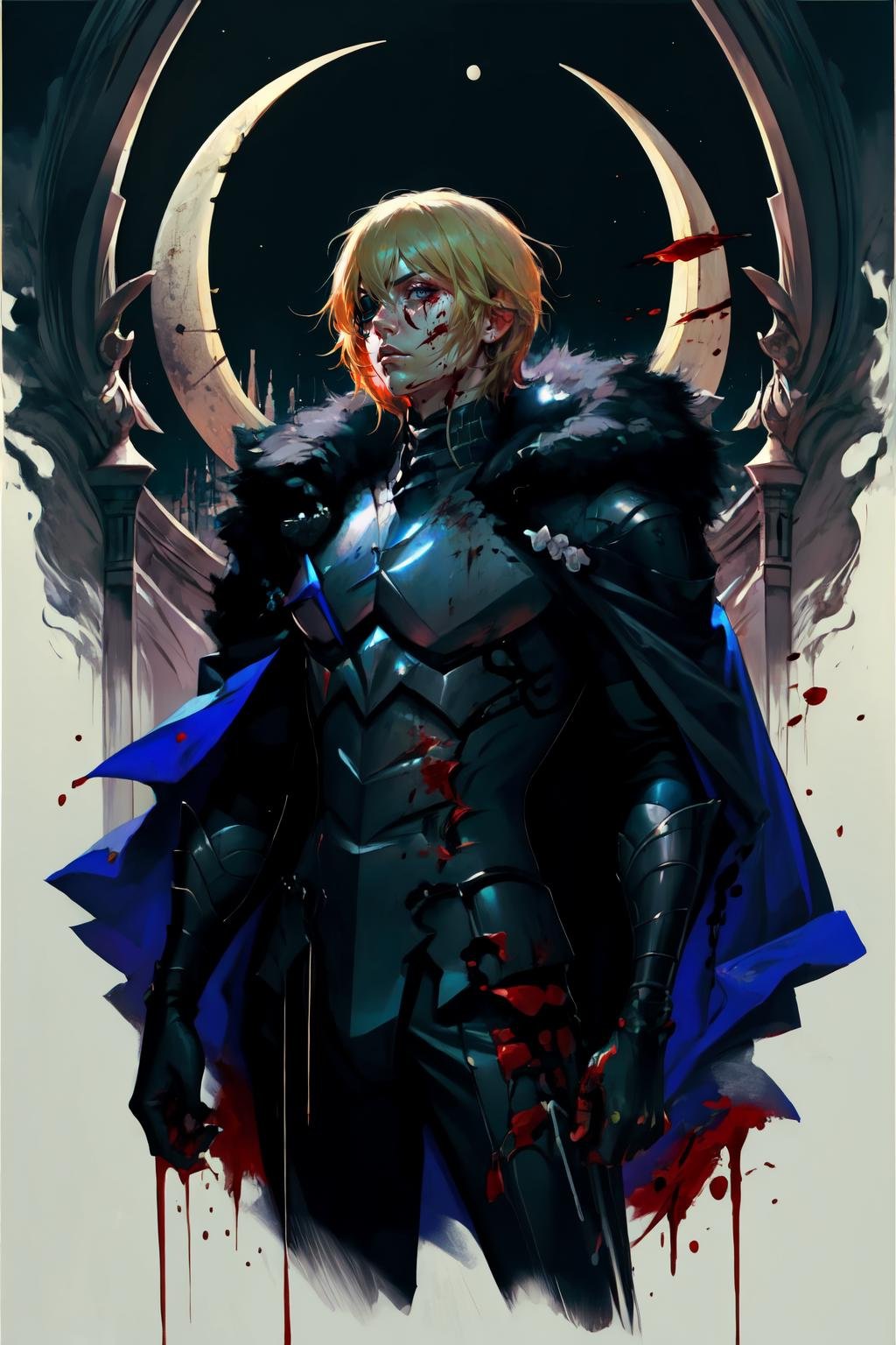 Highly detailed, High Quality, Masterpiece, beautiful,  <lora:FallenMJStyle:1>, DimitriAfter, <lora:Dimitri:0.9>, 1boy, solo, cowboy shot, night, night sky, moon, blood, blood on face, blood on clothes, one eye covered, 