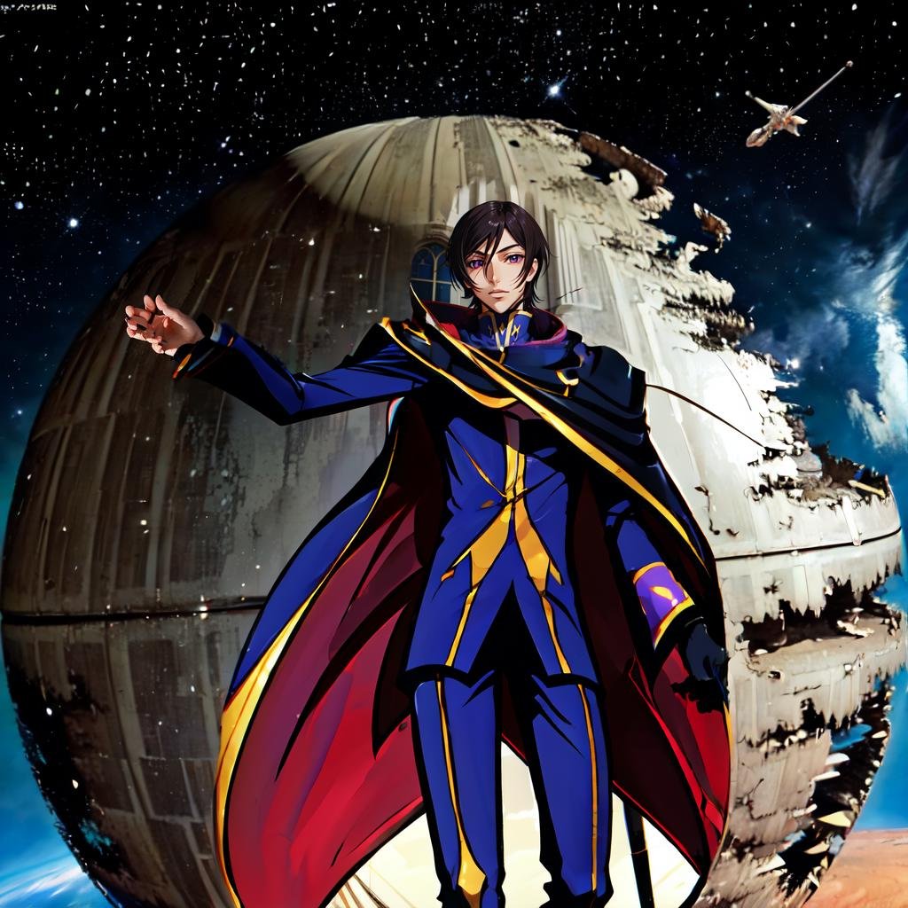 Highly detailed, High Quality, Masterpiece, beautiful, BREAK destroyed death star,  <lora:DeathStar:1.0>, spacecraft, space, BREAK lelouch lamperouge, zero (code geass), <lora:Char_CodeGeass_Lelouch:0.6>, 1boy, scenery, epic, strong pose, looking away