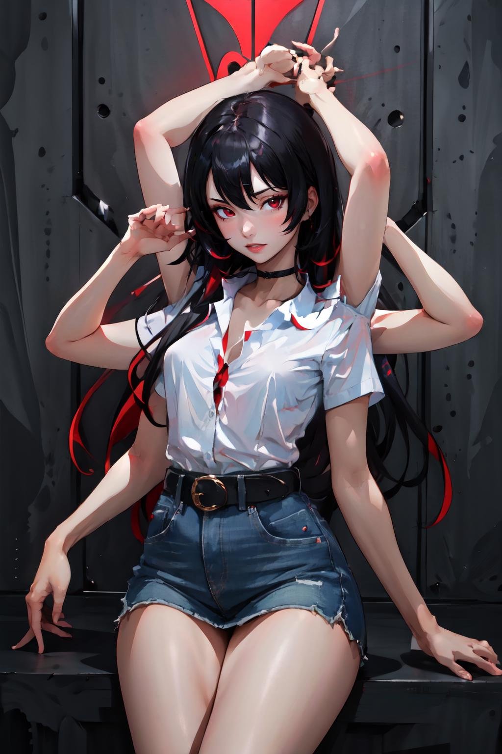 Highly detailed, High Quality, Masterpiece, beautiful, 1girl, ExtraArms, <lora:ExtraArms:1.0>, Nevin, red eyes, white shirt, <lora:Char_OC_Nevin:0.75>, black hair, 