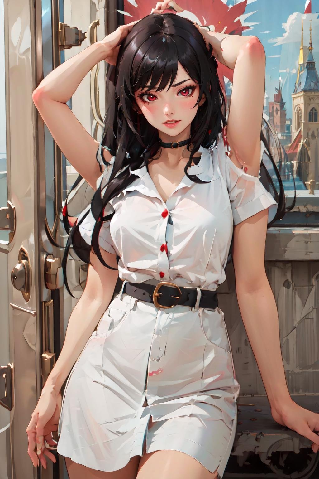 Highly detailed, High Quality, Masterpiece, beautiful, 1girl, ExtraArms, <lora:ExtraArms:1.0>, Nevin, red eyes, white shirt, <lora:Char_OC_Nevin:0.75>, black hair, edgEV, wearing edgEV_vintage dress, <lora:Outfit_EuropeanVintage:0.8>
