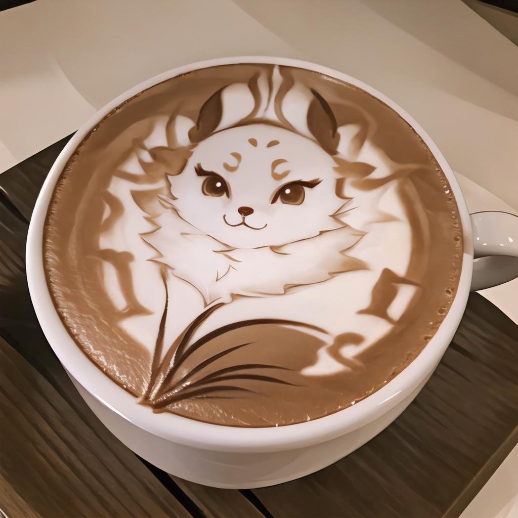 Highly detailed, High Quality, Masterpiece, beautiful, coffee, latte, LatteArt, latte art, food art, <lora:LatteArt-07:1>, 1girl, YaeMikoFox, no humans, <lora:Char_GenshinImpact_YaeMikoFox:1>