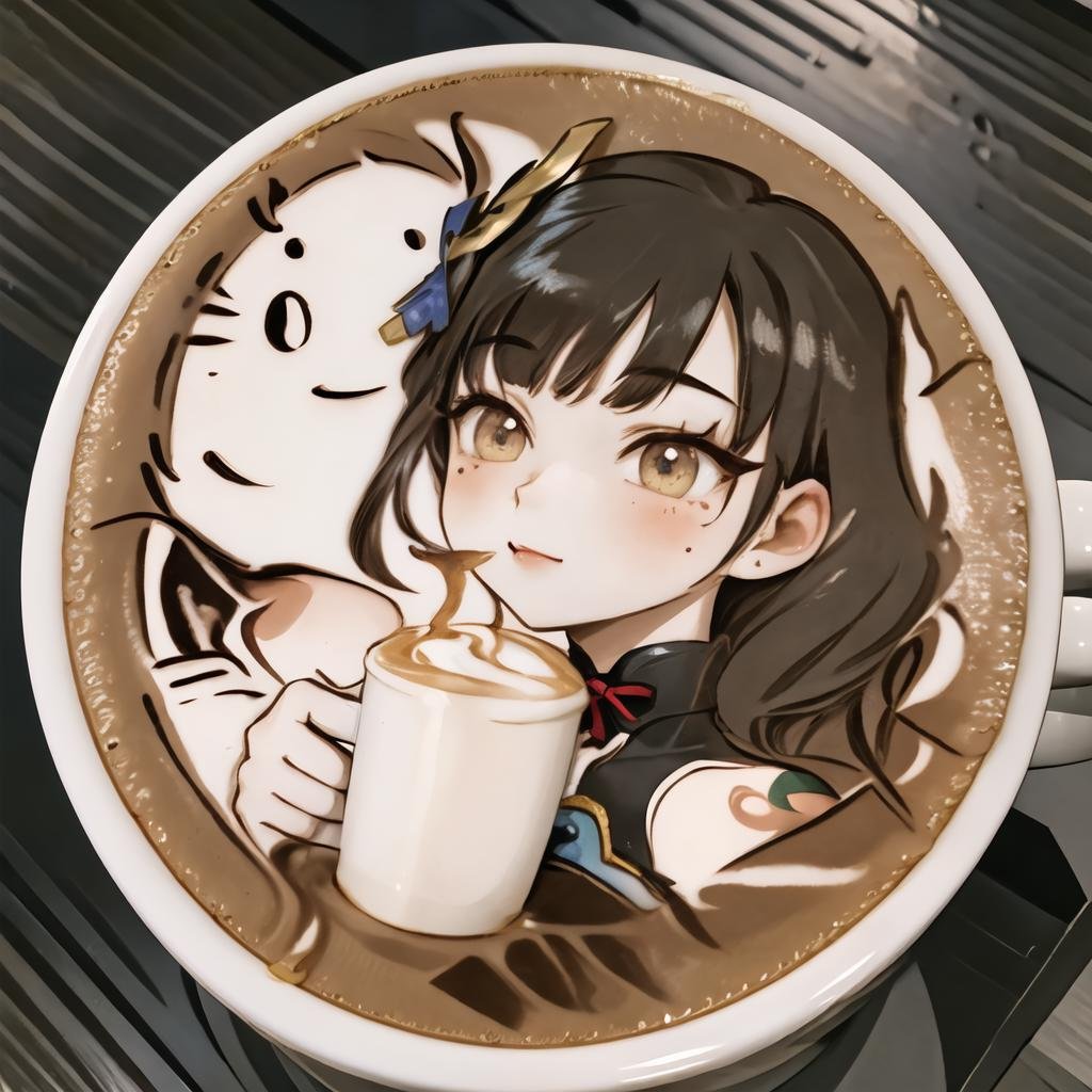 Highly detailed, High Quality, Masterpiece, beautiful, coffee, latte, LatteArt, latte art, food art, <lora:LatteArt-07:1>, 1girl, Raiden_Shogun_\(genshin impact\), Raiden_Shogun:1.2, long hair, <lora:Char_GenshinImpact_RaidenShogun:0.8>