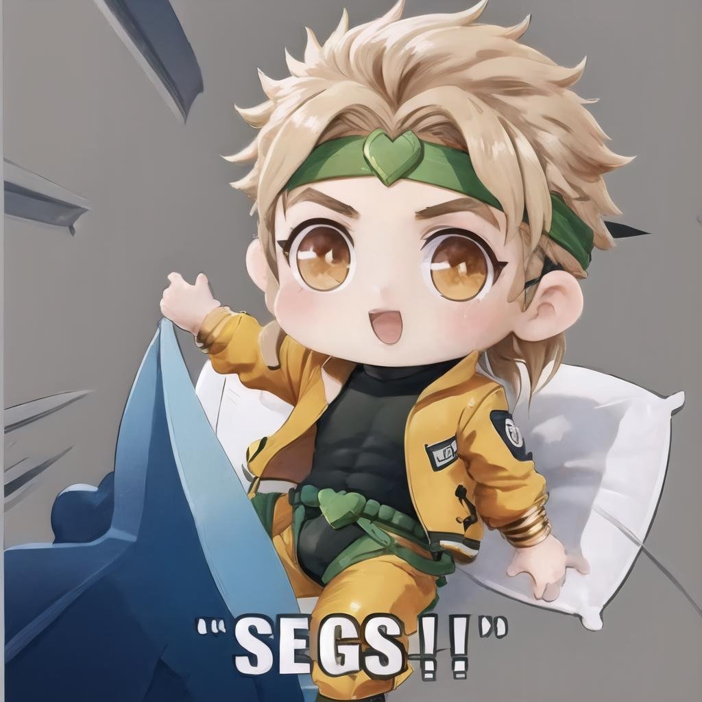 Highly detailed, High Quality, Masterpiece, beautiful, 1boy, Segs, english text, chibi, <lora:Segs-09:1>, dio, jacket, pants, headband,  <lora:Char_Sigmas_Dio:0.9>