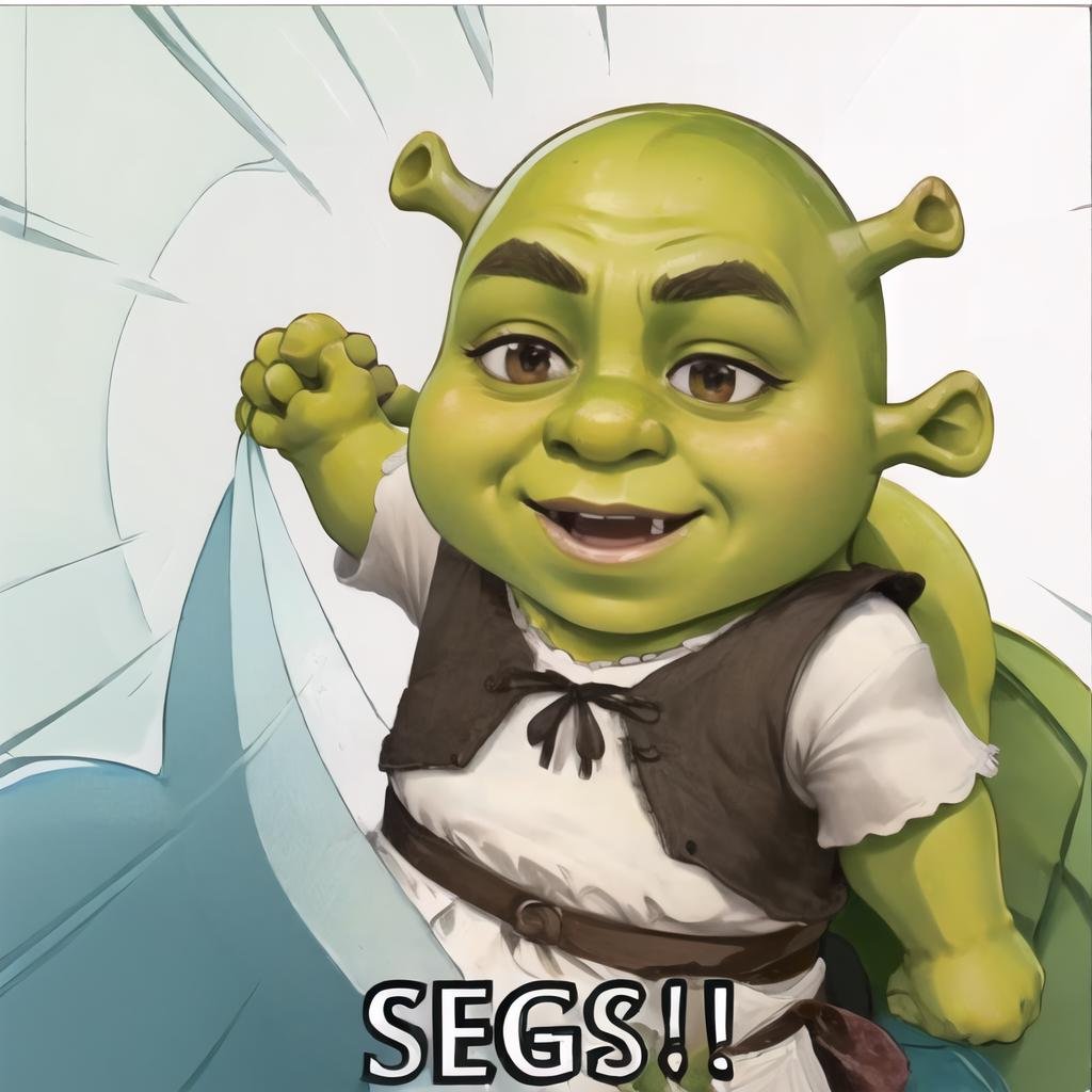 Highly detailed, High Quality, Masterpiece, beautiful, 1boy, Segs, english text, chibi, <lora:Segs-09:1>, shrex, green skin, ogre, shrek, <lora:Char_Sigmas_Shrek:0.9>