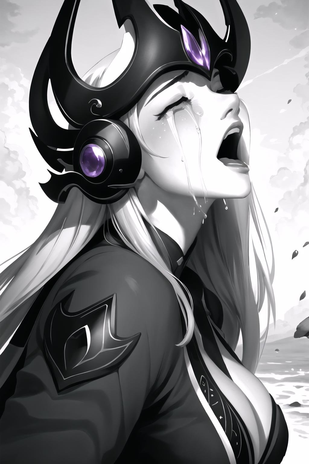 Highly detailed, High Quality, Masterpiece, beautiful, 1girl, solo, CryingAsagiriAya, closed eyes, <lora:CryingAsagiriAya:1>, syndra, league of legends, <lora:Char_LoL_Syndra:0.9>, (monochrome:1.3)