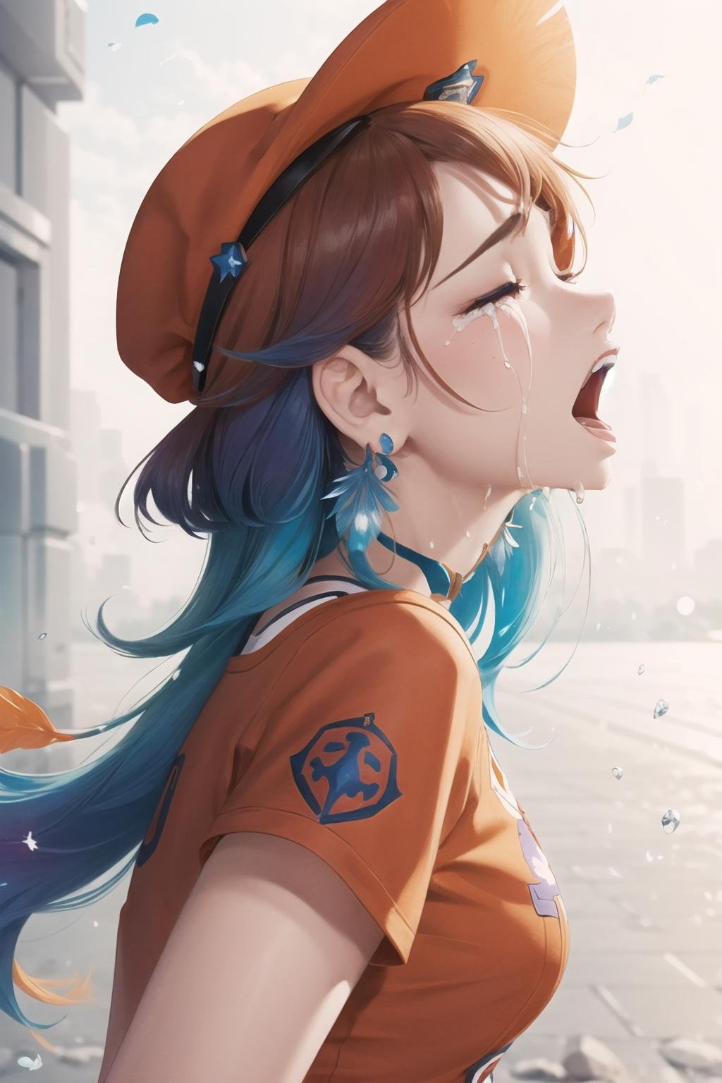 Highly detailed, High Quality, Masterpiece, beautiful, 1girl, solo, CryingAsagiriAya, closed eyes, <lora:CryingAsagiriAya:1>, takanashi_kiara, purple eyes, feather earrings, orange headwear, orange shirt, <lora:Char_VTuber_Kiara:0.7>