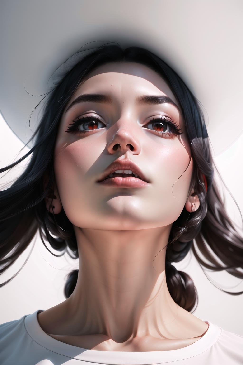 Highly detailed, High Quality, Masterpiece, beautiful, FIFrontBelow, <lora:Headviews:0.7>, 1girl, solo, red eyes, black hair, long hair, shirt, white shirt