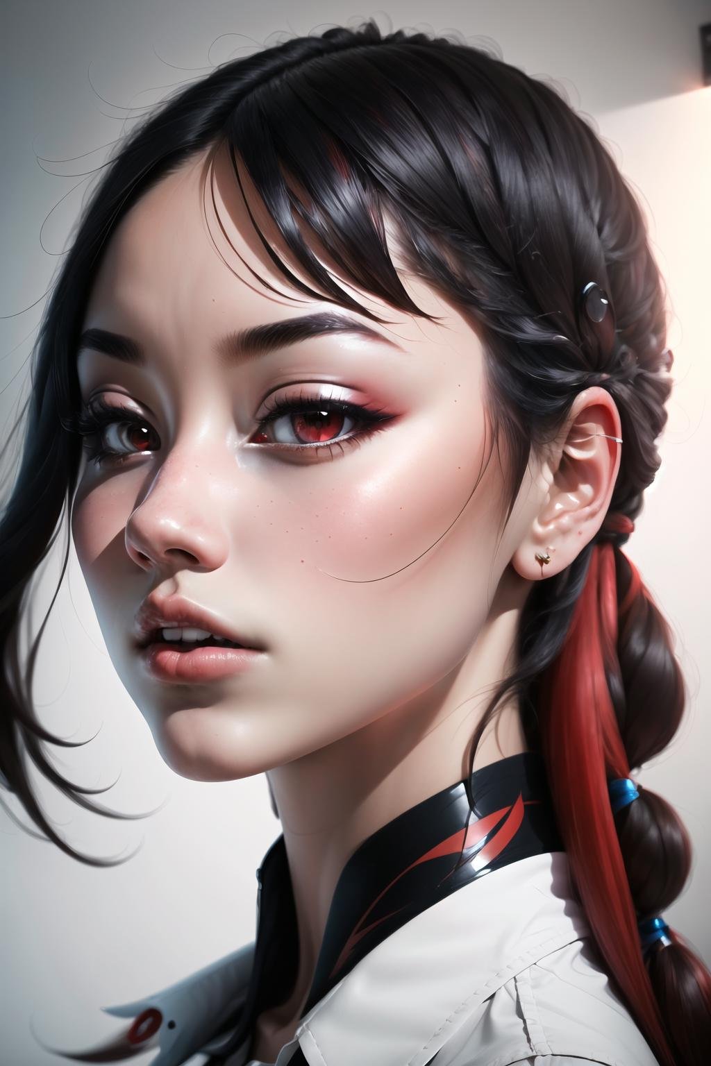 Highly detailed, High Quality, Masterpiece, beautiful, FIFrontSideLeft, <lora:Headviews:0.7>, 1girl, solo, red eyes, black hair, long hair, shirt, white shirt