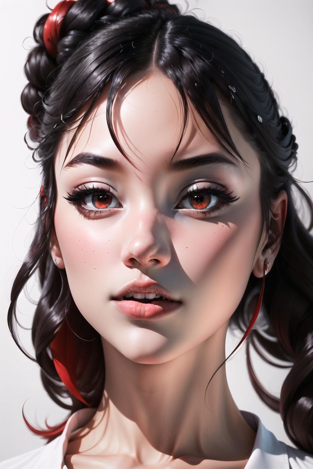 Highly detailed, High Quality, Masterpiece, beautiful, FIFrontLittleLeft, <lora:Headviews:0.7>, 1girl, solo, red eyes, black hair, long hair, shirt, white shirt