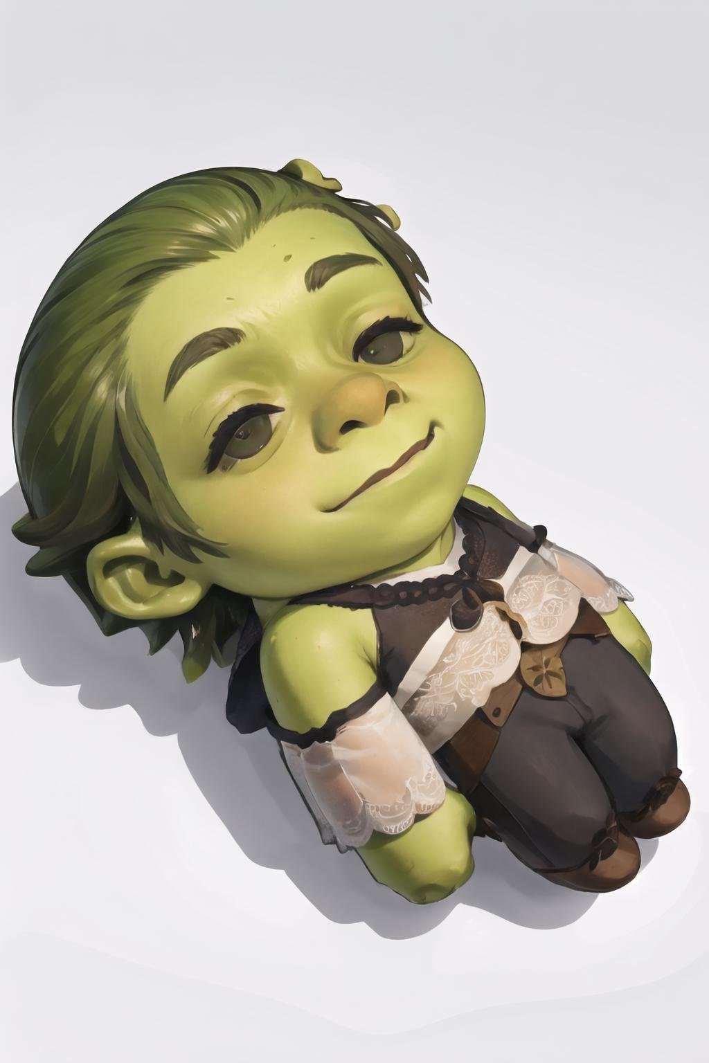 Highly detailed, High Quality, Masterpiece, beautiful, 1boy, QiqiFallen, chibi, on back, <lora:QiqiFallen:1.2>, shrex, green skin, ogre, shrek, <lora:Char_Sigmas_Shrek:0.9>