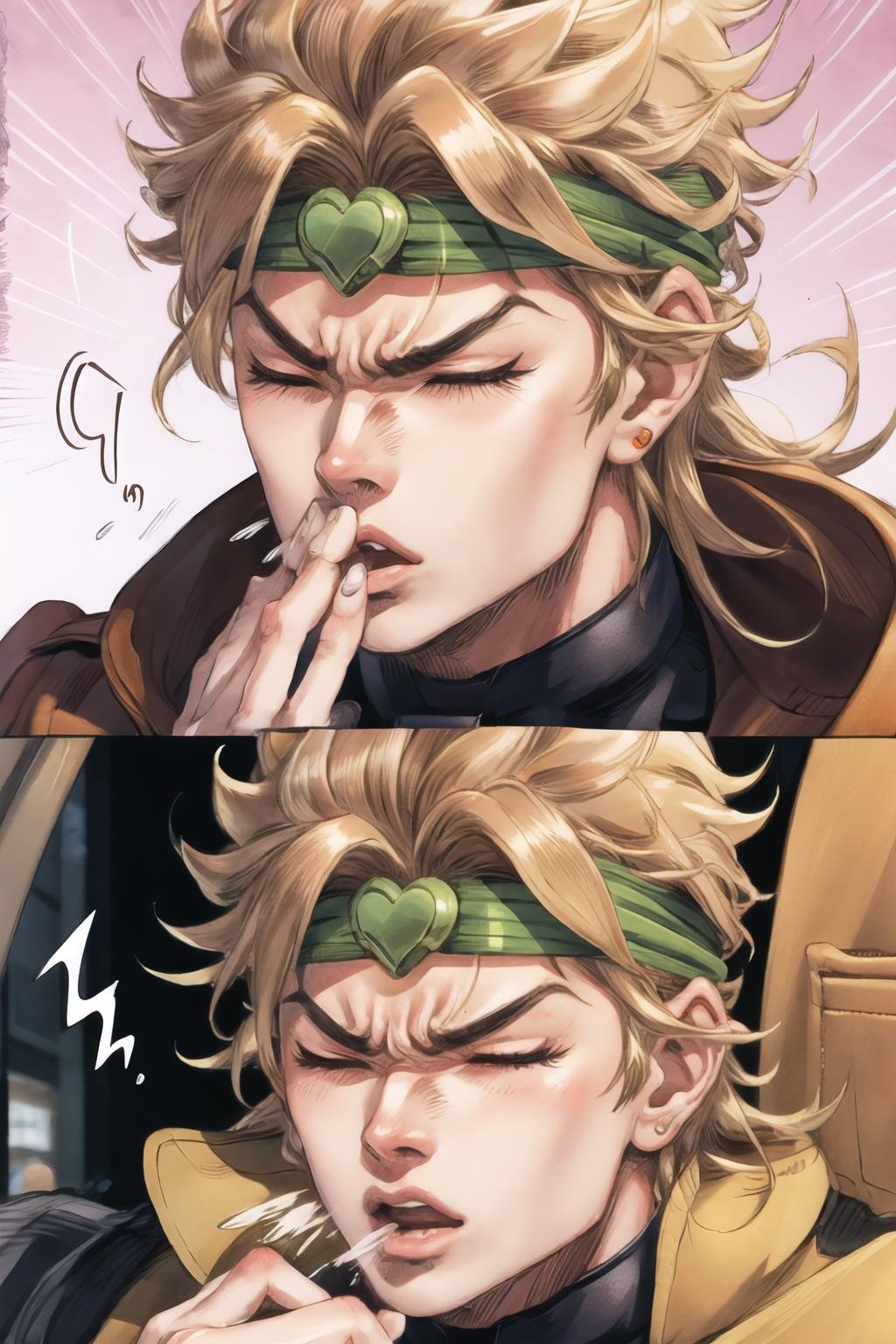 Highly detailed, High Quality, Masterpiece, beautiful, 1boy, FISneezing, closed eyes, blush, sneezing, >_<, <lora:FISneezing-08:1.2>, dio, jacket, headband,  <lora:Char_Sigmas_Dio:0.9>