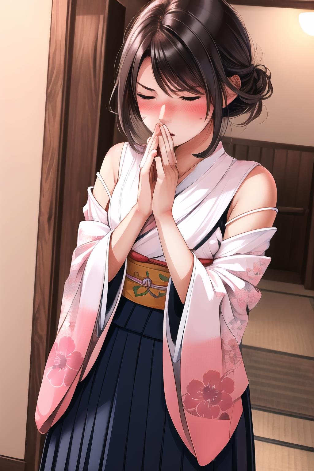 Highly detailed, High Quality, Masterpiece, beautiful, 1girl, FISneezing, closed eyes, blush, sneezing, >_<, <lora:FISneezing-08:1.2>, YunaX, kimono, hakama, <lora:Char_FFX_Yuna:0.7>