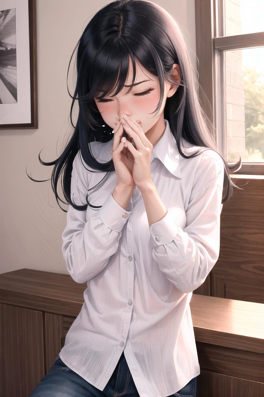 Highly detailed, High Quality, Masterpiece, beautiful, 1girl, FISneezing, closed eyes, blush, sneezing, >_<, <lora:FISneezing-08:1.2>, black hair, long hair, shirt, white shirt