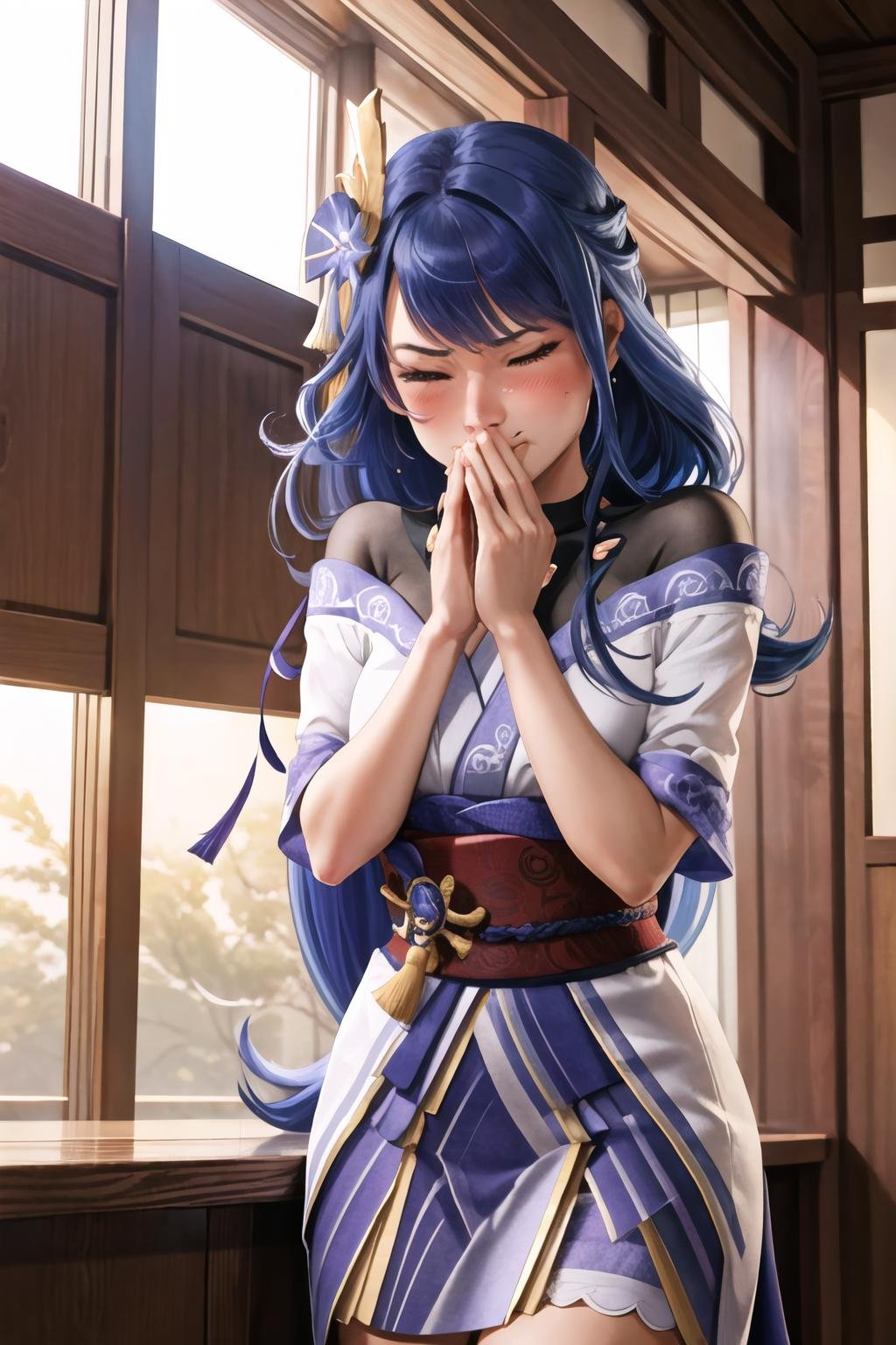 Highly detailed, High Quality, Masterpiece, beautiful, 1girl, FISneezing, closed eyes, blush, sneezing, >_<, <lora:FISneezing-08:1.2>, Raiden_Shogun_\(genshin impact\), Raiden_Shogun:1.2, blue hair, long hair, <lora:Char_GenshinImpact_RaidenShogun:0.8>