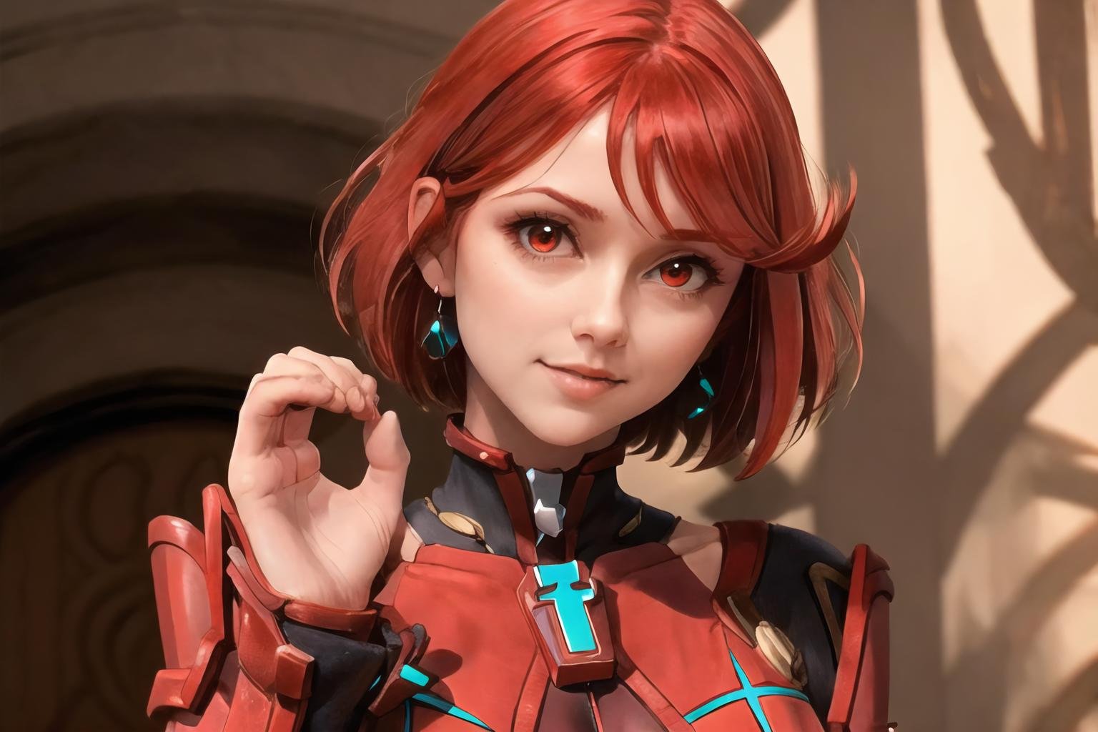 Highly detailed, High Quality, Masterpiece, beautiful, 1girl, solo, <lora:OneDoesNotSimply:1>, Pyra \(xenoblade\), Pyra:1.2, red hair, red eyes, short hair, <lora:Char_Xenoblade_PyraMythraPneuma:0.5>