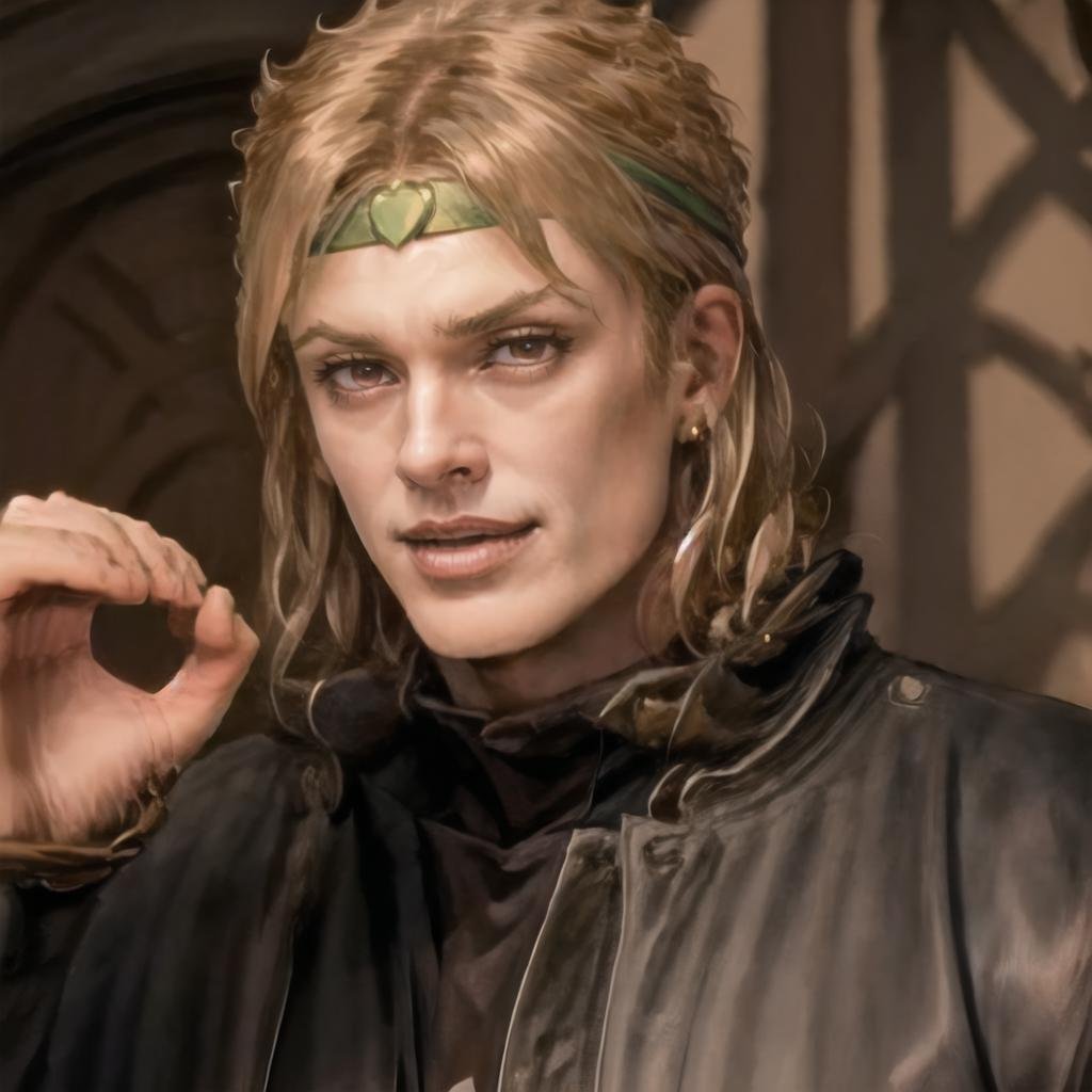 Highly detailed, High Quality, Masterpiece, beautiful, 1boy, solo, <lora:OneDoesNotSimply:1>, dio, jacket, headband,  <lora:Char_Sigmas_Dio:0.9>