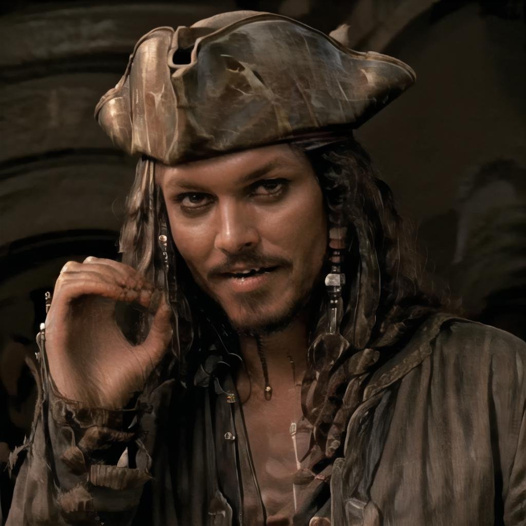 Highly detailed, High Quality, Masterpiece, beautiful, 1boy, solo, <lora:OneDoesNotSimply:1>, jack sparrow, brown eyes, hat, brown hair, earrings, hat, pirate, jewelry, shirt, short hair, white shirt,  <lora:Char_Sigmas_JackSparrow:1>
