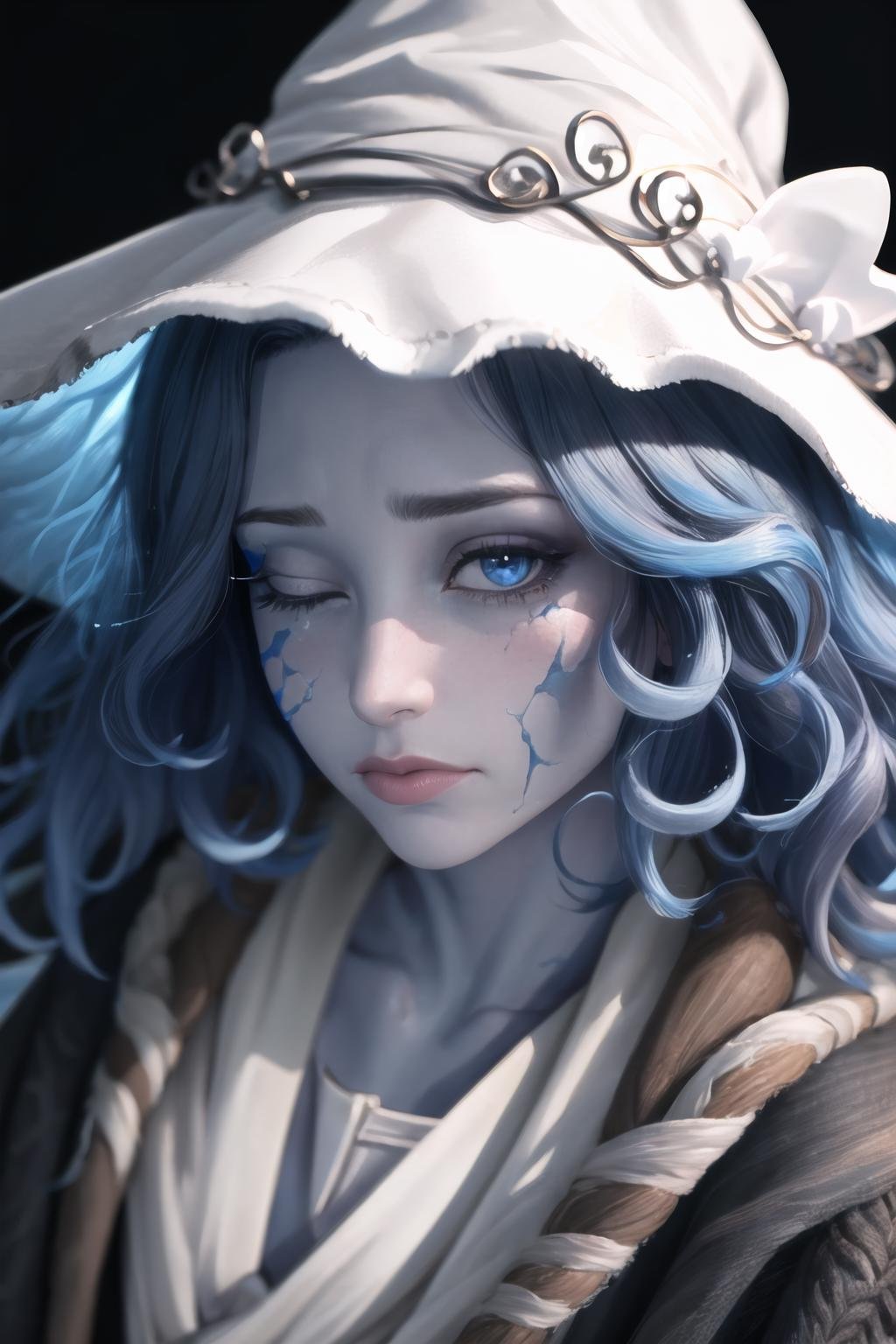 Highly detailed, High Quality, Masterpiece, beautiful, 1girl, solo, NoBitches, <lora:NoBitchesMeme:1>, Ranni, wavy hair, blue skin, cracked skin, <lora:Char_EldenRing_Ranni:0.9>