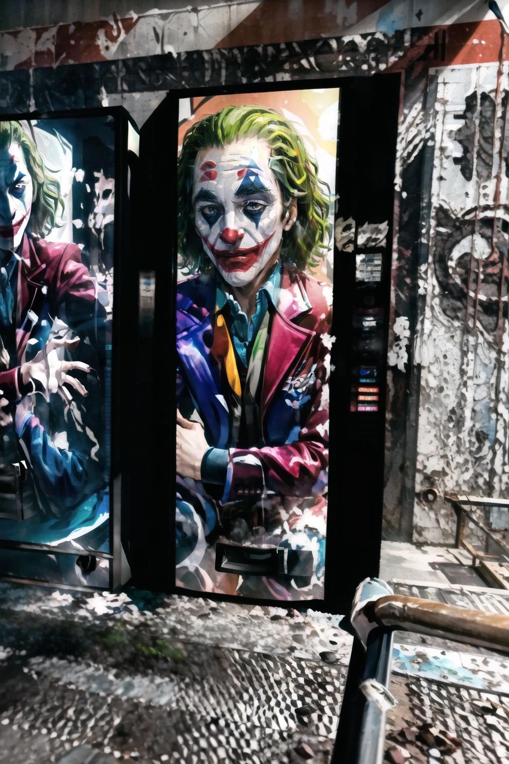 Highly detailed, High Quality, Masterpiece, beautiful, VendingMaschine, vending machine, <lora:VendingMaschine:1>, The Joker, <lora:Char_Sigmas_Joker:0.7>