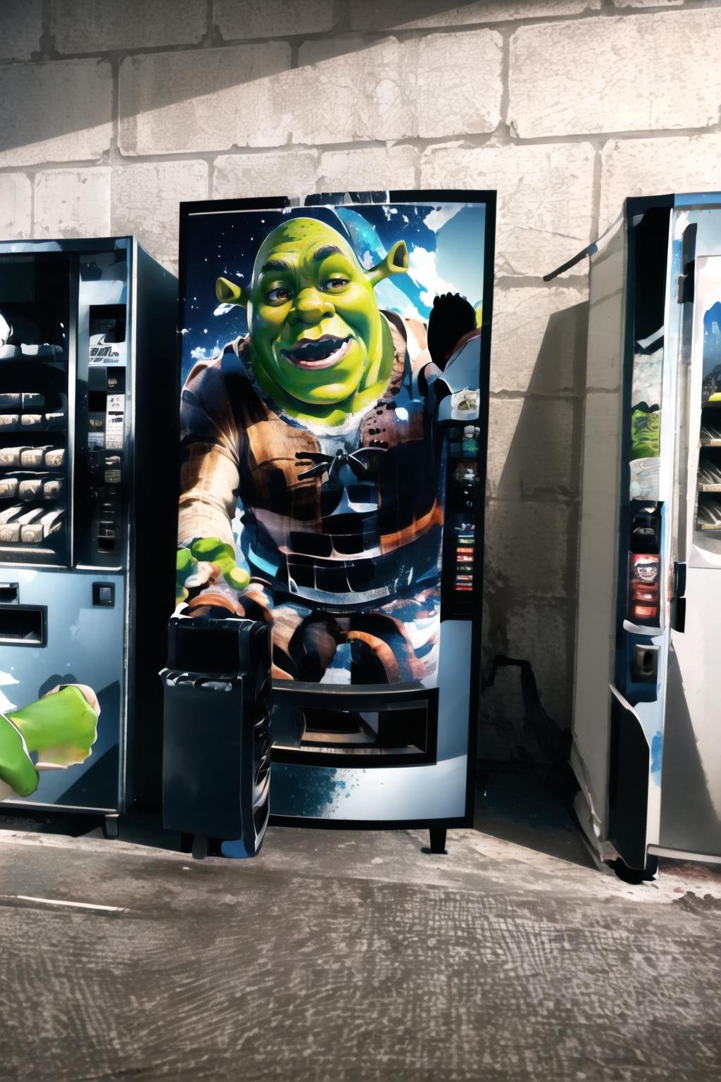 Highly detailed, High Quality, Masterpiece, beautiful, VendingMaschine, vending machine, <lora:VendingMaschine:1>, shrex, green skin, ogre, shrek, <lora:Char_Sigmas_Shrek:0.9>