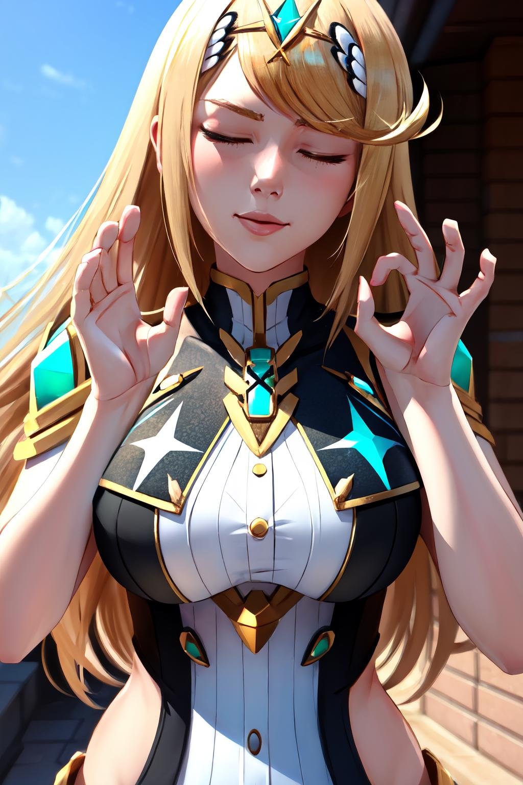 Highly detailed, High Quality, Masterpiece, beautiful, 1girl, solo, PachaMeme, <lora:PachaMeme:1>, Mythra \(xenoblade\), Mythra:1.2, blonde hair, long hair, <lora:Char_Xenoblade_PyraMythraPneuma:0.5>, closed eyes, 