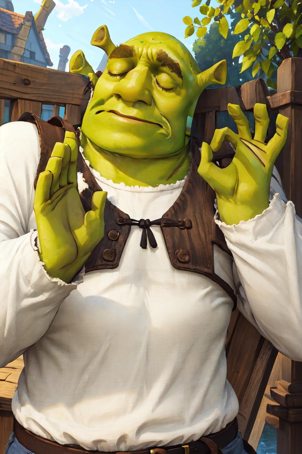 Highly detailed, High Quality, Masterpiece, beautiful, 1boy, solo, PachaMeme, <lora:PachaMeme:1>, closed eyes, shrex, green skin, ogre, shrek, <lora:Char_Sigmas_Shrek:0.9>