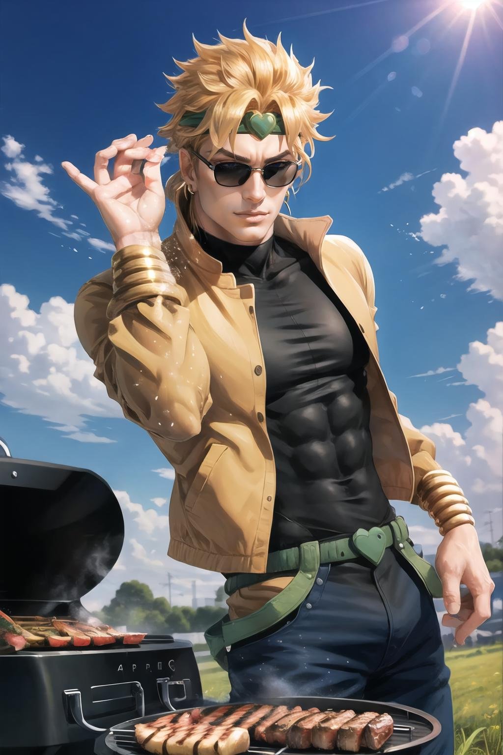 Highly detailed, High Quality, Masterpiece, beautiful, 1boy, solo, SaltBaeMeme, <lora:SaltBaeMeme-10:0.9>, salt, sunglasses, grill, grilling, outdoors, sky, sun, grass, smoke, dio, jacket, pants, headband,  <lora:Char_Sigmas_Dio:0.9>