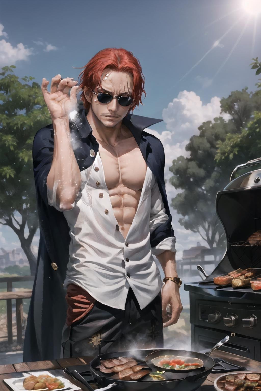 Highly detailed, High Quality, Masterpiece, beautiful, 1boy, solo, SaltBaeMeme, <lora:SaltBaeMeme:0.9>, salt, sunglases, grill, grilling, outdoors, sky, sun, grass, smoke, Shnks, <lora:Shanks:0.8>, red hair, cooking, inside, stove, food, pot of stew, shanks \(one piece\), scar on face, short hair, shirt, white shirt, male focus, open clothes, collared shirt, pants, cape, coat, open shirt, facial hair, scar, pectorals, partially unbuttoned, pectoral cleavage, coat on shoulders, nature, scenery