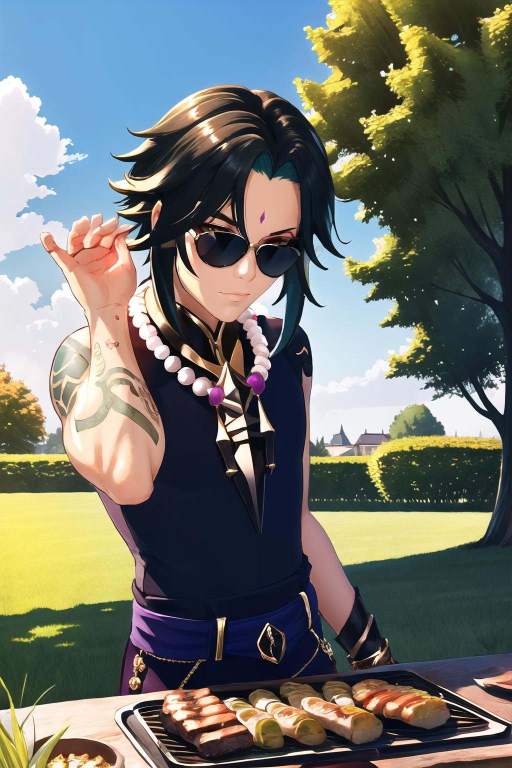Highly detailed, High Quality, Masterpiece, beautiful, 1boy, solo, SaltBaeMeme, <lora:SaltBaeMeme-10:0.9>, salt, sunglasses, head, clothing, necklace, tattoo, (forehead:0.8), (ahoge:0.8), jewelry, <lora:Char_GenshinImpact_Xiao:0.65>, grill, grilling, outdoors, sky, sun, grass, smoke